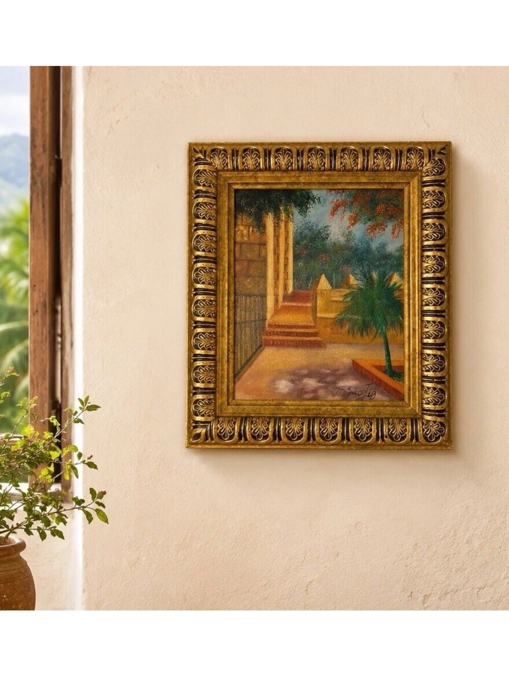 Jose Luis Ortiz 2005 Oil Painting Courtyard Scene With Palm Tree, 11.5x13.5"